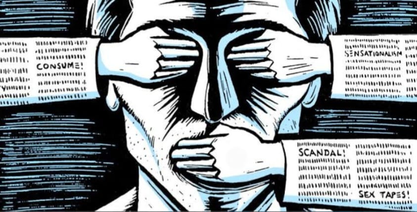 image of a journalist being silenced and blind by sensationalism.